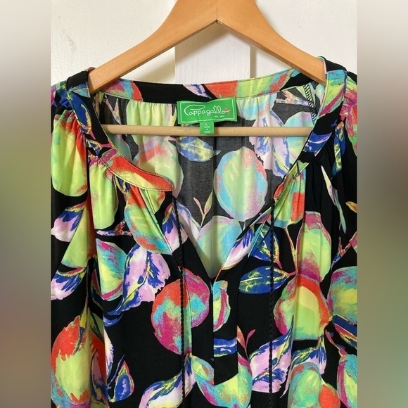PAPPAGALLO popover blouse multicolored bright fruit print tassels tie front - Picture 3 of 11